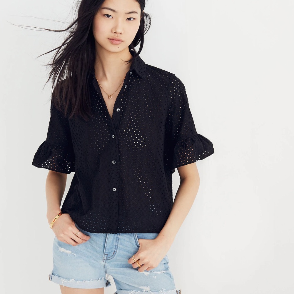 Madewell Black Eyelet Bell-Sleeve Button Up Top Lace Boxy Shirt XS